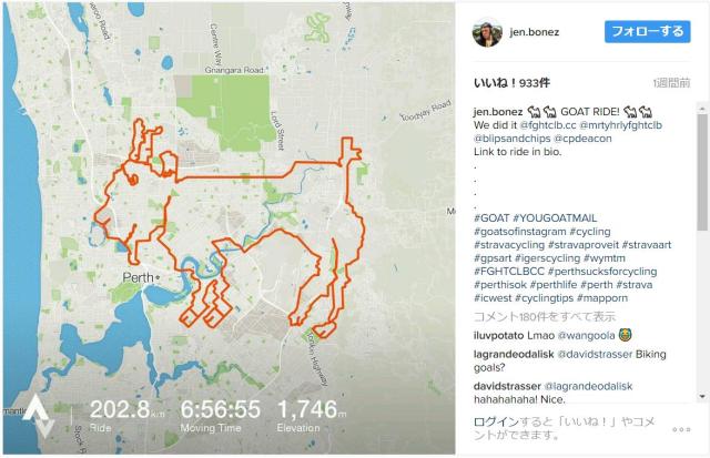 自転車で巡ったルートを見ると…ひげの生えたでっかいヤギさんが地図上に現れた～！ かかった時間は8時間、走行距離はなんと202キロ！