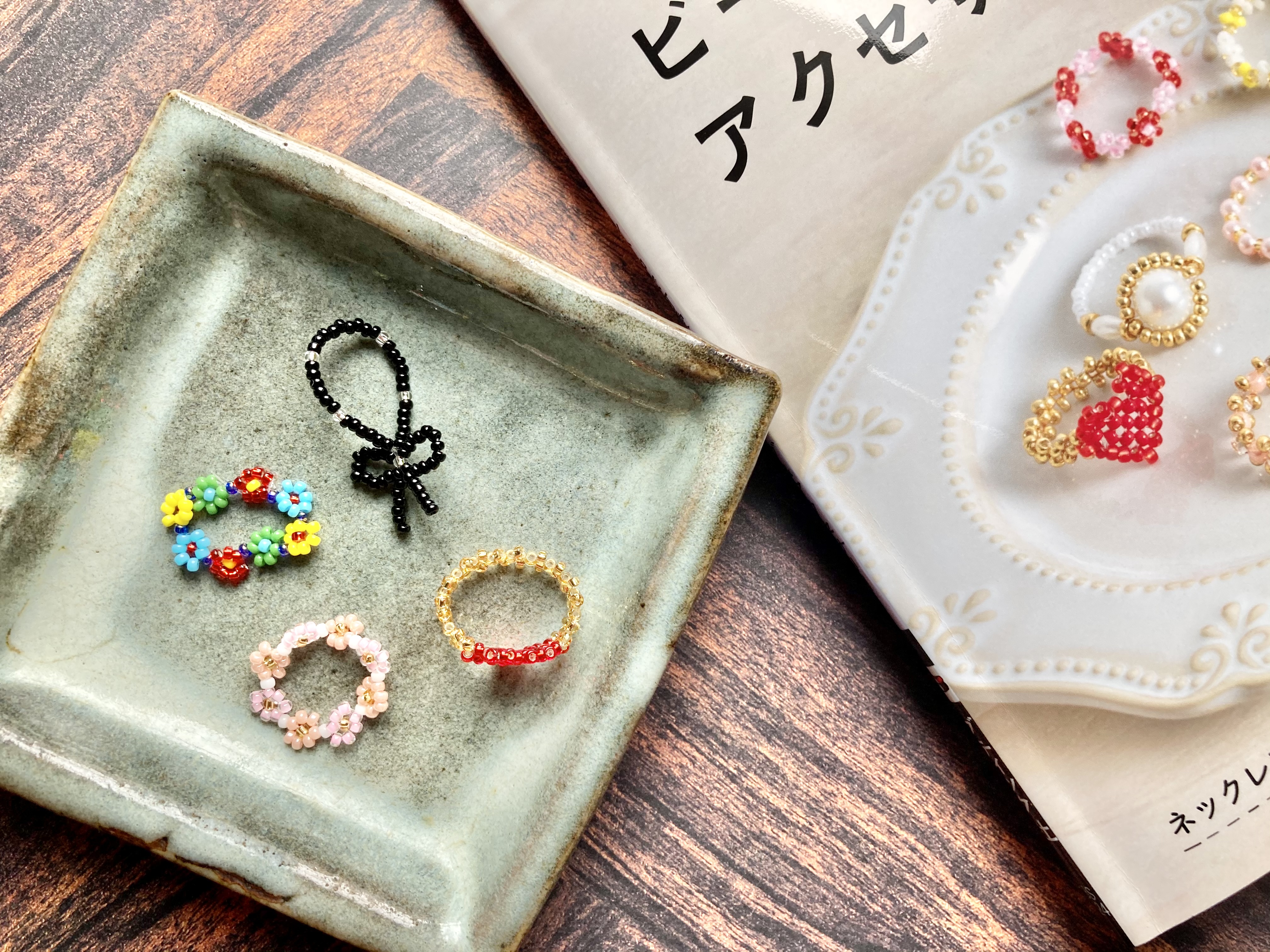 お花 ハンドメイド ビーズリング 4点セット 韓国 指輪 通販