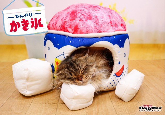 【先取り】猫が「かき氷」になっちゃった!? 猫ちゃん向け夏ベッド「ひんにゃり おやつタイム」が愛おしい♡