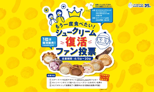 【1位は復活販売】ビアードパパ「シュークリーム復活ファン投票」開催👑トップを勝ち取ったのは…？