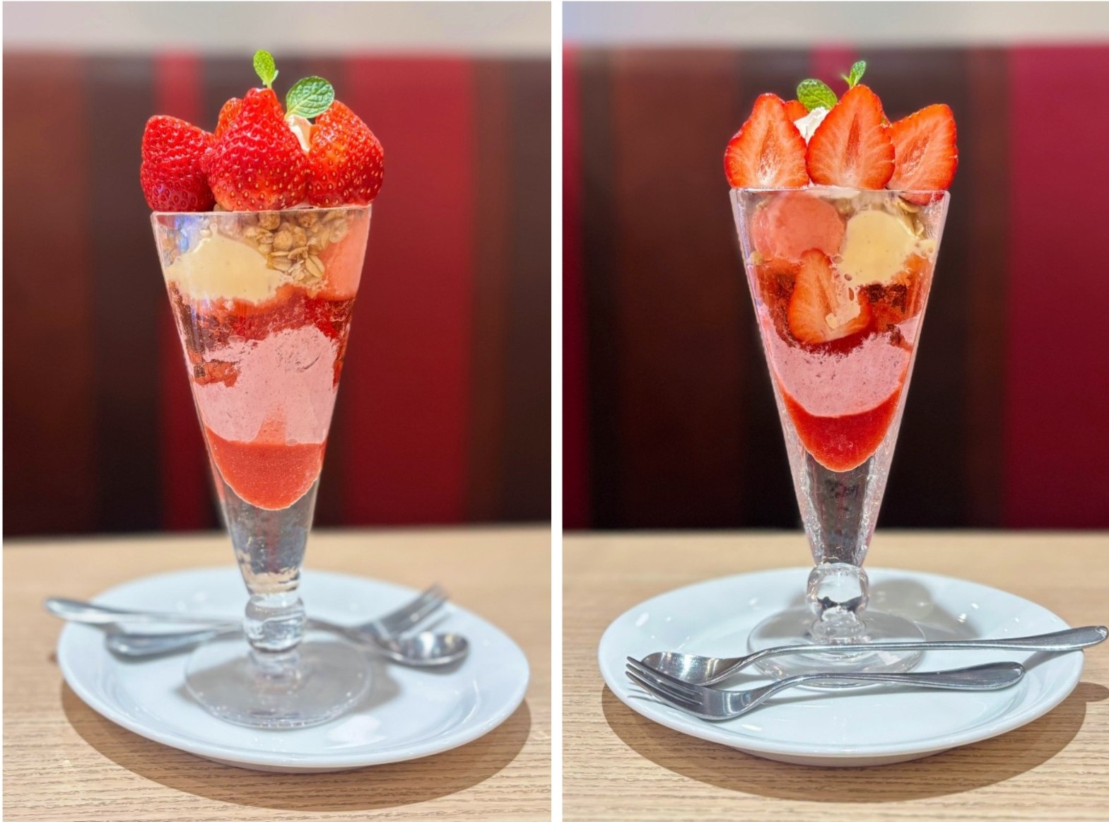 デニーズ「あまおうのまっぷたつ？ パフェ🍓」にビックリ！ 正面は写真