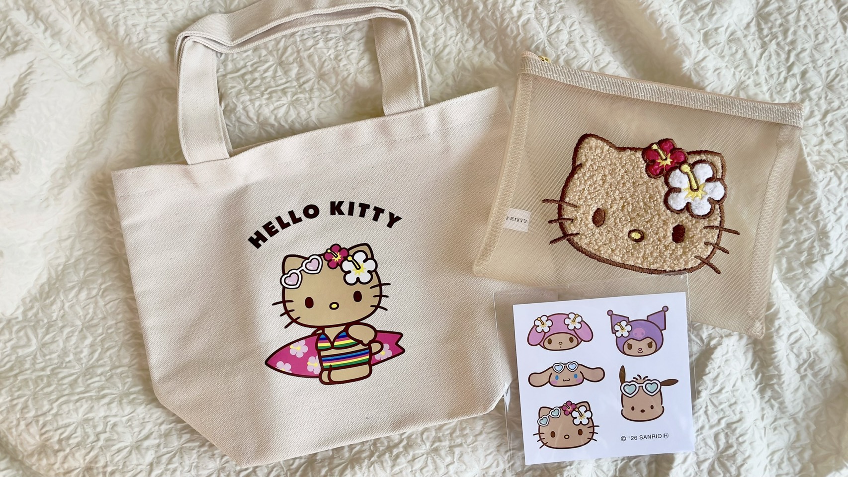 ♡ゆきちゃん♡トートバッグ&ポーチ♡猫柄生地♡5点セット♡6／1♡ sweet8月号付録に夏がきた！こんがり焼けたポチャッコ巾着や日焼けした